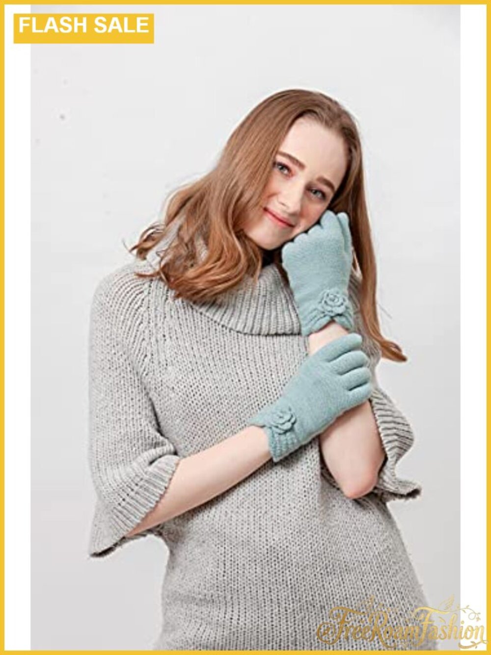 Faux Fur Fleece Lined Knit Winter Gloves Flower Cuff Warm - Picture 2 of 6